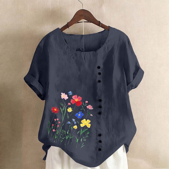 Gamivast Linen Tops for Women Floral Graphic Short Sleeve Casual Work Shirts Round Collar Side Button Vacation Tops Summer Hiking outfits