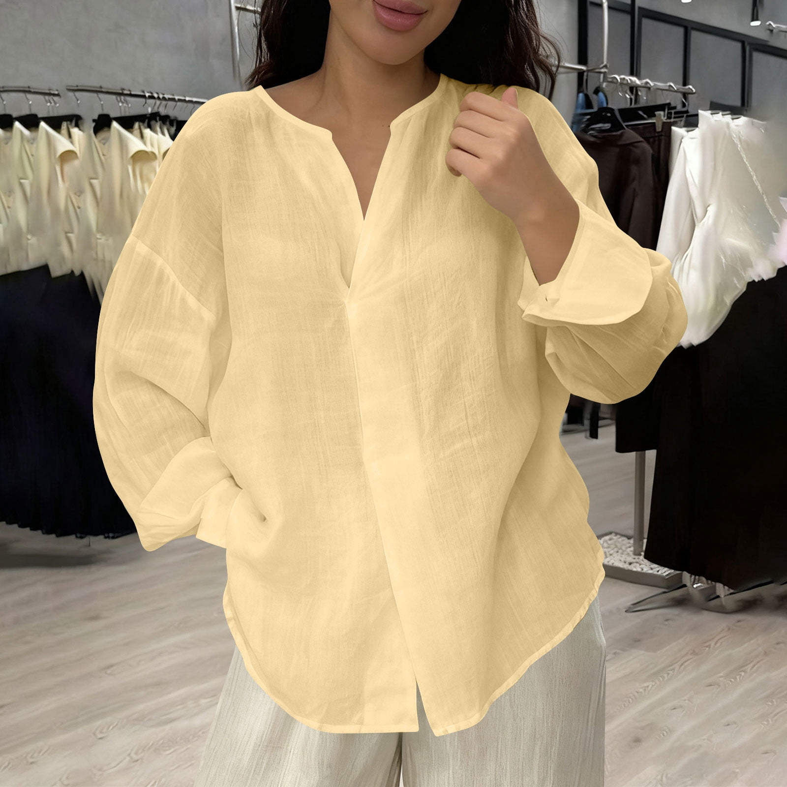 Gamivast Linen Tops for Women Oversized V Neck Long Sleeve Casual ...