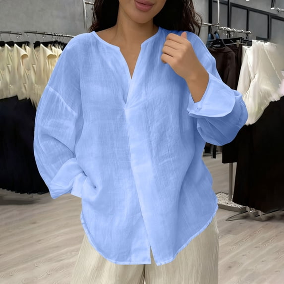 Gamivast Linen Tops for Women Oversized V Neck Long Sleeve Casual Shirts Trendy Drop Shoulder Loose Vacation Blouses Beach outfits