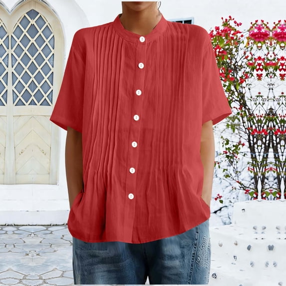 Gamivast Linen Tops for Women Relaxed Button Down Short Sleeve Pleated Blouses Casul Dressy Stand Collar Comfy Beach Shirts Summer Fashion outfits