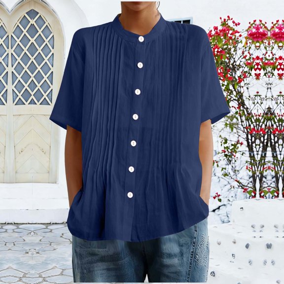 Gamivast Linen Tops for Women Relaxed Button Down Short Sleeve Pleated Blouses Casul Dressy Stand Collar Comfy Beach Shirts Summer Fashion outfits