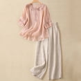 thumbnail image 1 of Gamivast Linen Two Piece Outfits Womens 3/4 Sleeve Embroidered Crew Neck Linen Tops and High Waisted Wide Leg Flowy Linen Pants Lightweight Breathable with Pockets Summer Beach Vacation Summer Suit, 1 of 7