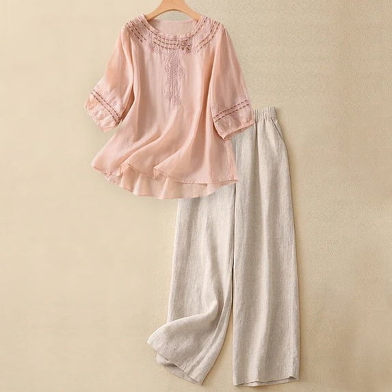 Gamivast Linen Two Piece Outfits Womens 3/4 Sleeve Embroidered Crew Neck Linen Tops and High Waisted Wide Leg Flowy Linen Pants Lightweight Breathable with Pockets Summer Beach Vacation Summer Suit