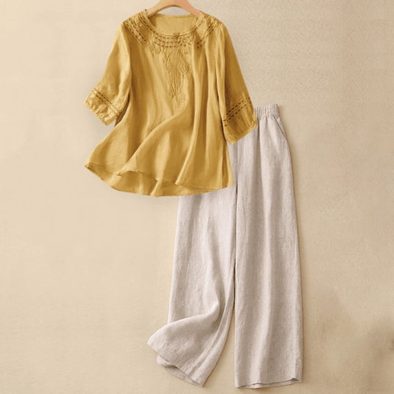 Gamivast Linen Two Piece Outfits Womens 3/4 Sleeve Embroidered Crew Neck Linen Tops and High Waisted Wide Leg Flowy Linen Pants Lightweight Breathable with Pockets Summer Beach Vacation Summer Suit
