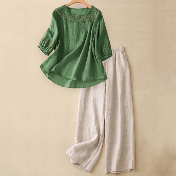 Gamivast Linen Two Piece Outfits Womens 3/4 Sleeve Embroidered Crew Neck Linen Tops and High Waisted Wide Leg Flowy Linen Pants Lightweight Breathable with Pockets Summer Beach Vacation Summer Suit