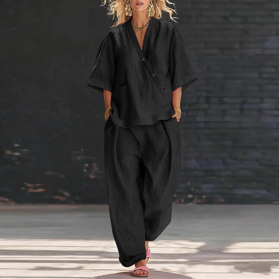 Gamivast Linen Two Piece Outfits Womens Half Sleeve Henley V-Neck Linen Tops and High Waisted Wide Leg Flowy Linen Pants Lightweight Breathable with Pockets Summer Beach Vacation Lounge Wear