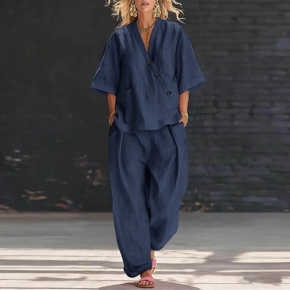 Gamivast Linen Two Piece Outfits Womens Half Sleeve Henley V-Neck Linen Tops and High Waisted Wide Leg Flowy Linen Pants Lightweight Breathable with Pockets Summer Beach Vacation Lounge Wear