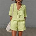 thumbnail image 1 of Gamivast Linen Two Piece Outfits Womens Short Sleeve Tie Front V-Neck Linen Tops and Elastic Waist Casual Linen Shorts Lightweight Breathable with Pockets Summer Beach Vacation Summer Outfits, 1 of 8