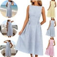 thumbnail image 1 of Gamivast Linen Wedding Guest Dresses for Women Flattering High Neck Sleeveless Midi Dress Striped Pattern Elegant Dresses Fitted Waist A-Line Party formal, 1 of 6