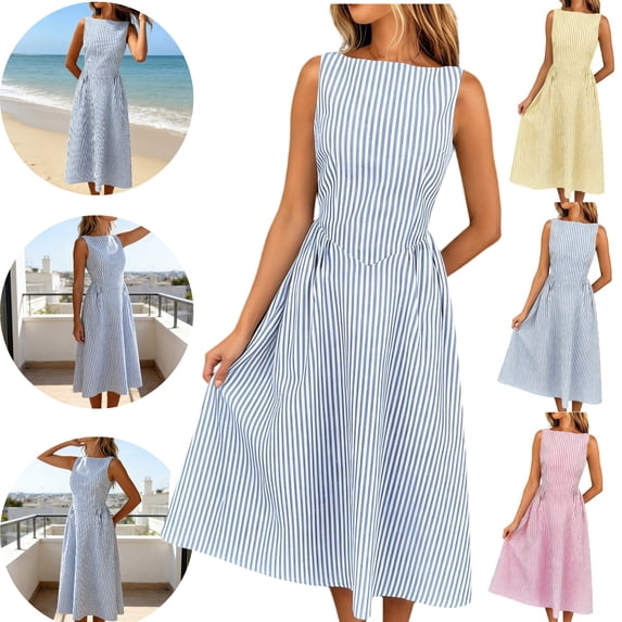 Gamivast Linen Wedding Guest Dresses for Women Flattering High Neck Sleeveless Midi Dress Striped Pattern Elegant Dresses Fitted Waist A-Line Party formal