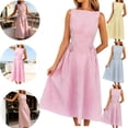 thumbnail image 1 of Gamivast Linen Wedding Guest Dresses for Women Flattering High Neck Sleeveless Midi Dress Striped Pattern Elegant Dresses Fitted Waist A-Line Party formal, 1 of 6