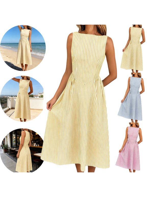 Linen Wedding Guest Dresses for Women Flattering High Neck Sleeveless Midi Dress Striped Pattern Elegant Dresses Fitted Waist A-Line Party formal