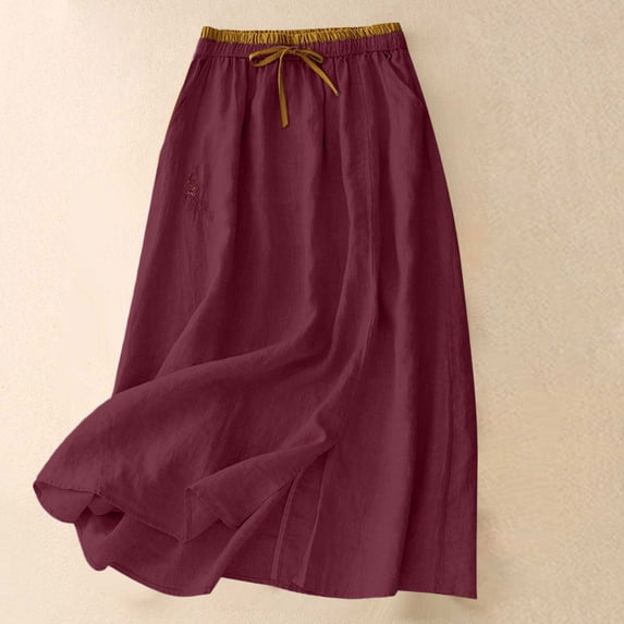 Gamivast Linen Womens Long Flowy Skirt Drawstring Elastic Waist Side Pockets Vintage Embroidered Boho Skirt Casual A Line Midi Skirt Everyday Vacation Outfit