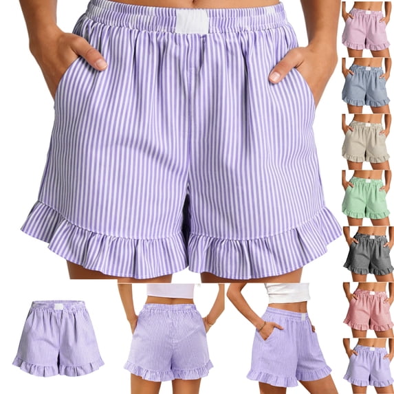 Gamivast Linen Womens Pajama Pants Elastic Waist Striped Ruffle Hem Pockets Short Pants Summer Beach Lounge Pants Loose Breathable Soft Comfy Sleepwear Daily