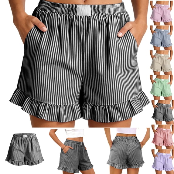 Gamivast Linen Womens Pajama Pants Elastic Waist Striped Ruffle Hem Pockets Short Pants Summer Beach Lounge Pants Loose Breathable Soft Comfy Sleepwear Daily