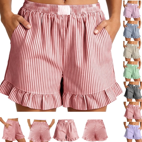 Gamivast Linen Womens Pajama Pants Elastic Waist Striped Ruffle Hem Pockets Short Pants Summer Beach Lounge Pants Loose Breathable Soft Comfy Sleepwear Daily