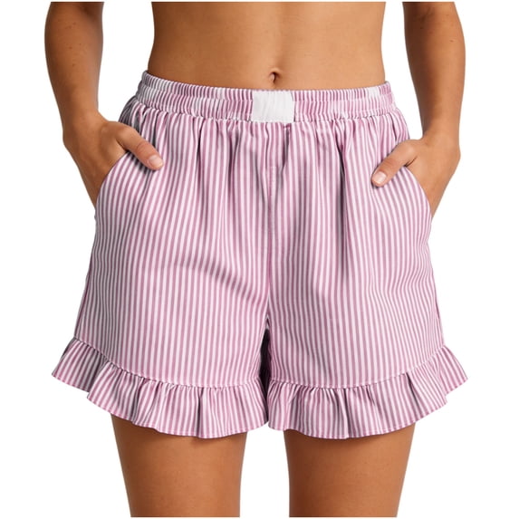 Gamivast Linen Womens Pajama Pants Elastic Waist Striped Ruffle Hem Pockets Short Pants Summer Beach Lounge Pants Loose Breathable Soft Comfy Sleepwear Daily