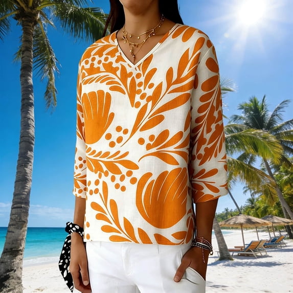 Gamivast Linen Womens Tops Dressy Casual Leaf Print V-Neck Tunic Tops 3/4 Sleeve Summer Blouses Floral Work Office Holiday Wear Outfits