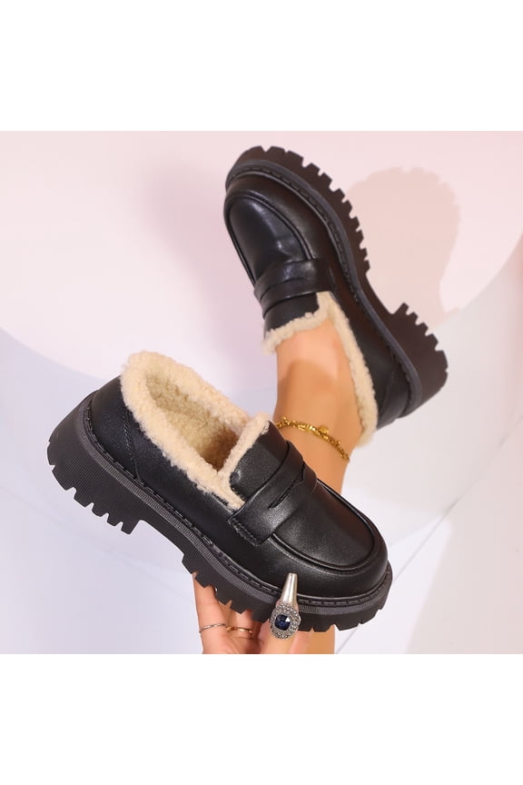 Loafers for Women Winter Platformed Fleece Lined Boot Waterproof Warm Comfortable Slip-On Leather Shoes with Anti-Slip Casual Round Toe Cozy Loafer for Outdoor Indoor House