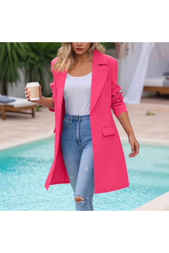 Long Blazers for Women Trendy Open Front Long Sleeve Casual Lightweight Suit Jackets Business One Button Notch Lapel Neck Work Coats with Pockets