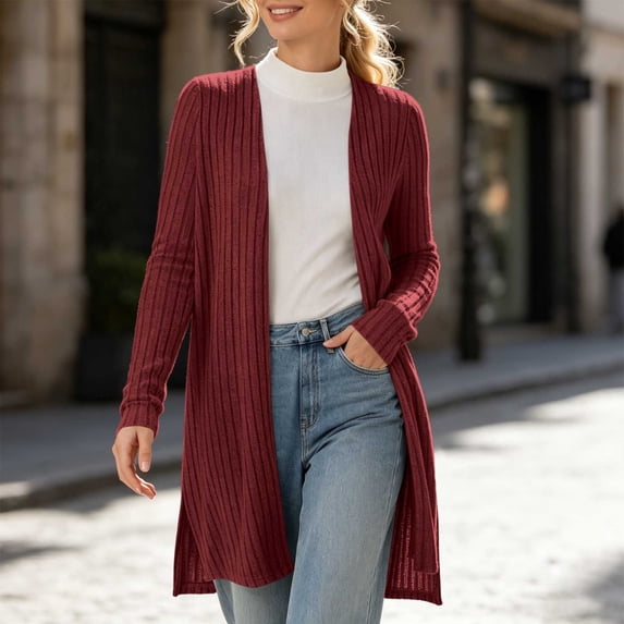 Gamivast Long Cardigan Sweaters for Women Open Front Ribbed Knit Duster Coat with Side Slits Long Sleeve Casual Lightweight Fall Outerwear Elegant Tops for Women