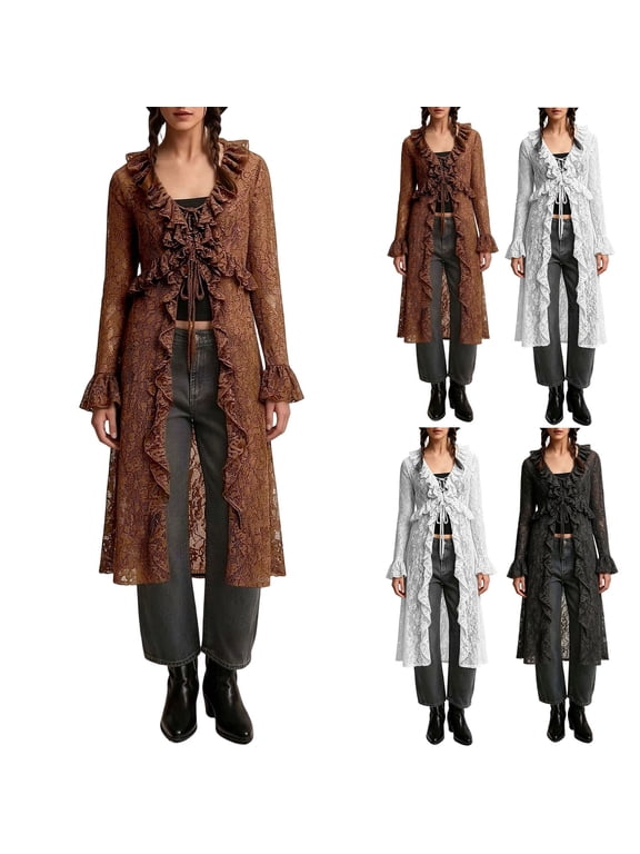 Long Cardigan for Women Lace Sheer Open Front Duster Coat Ruffle Trim Bell Sleeve Vintage Floral Tops Cover Up for Spring Summer Evening Party Wedding