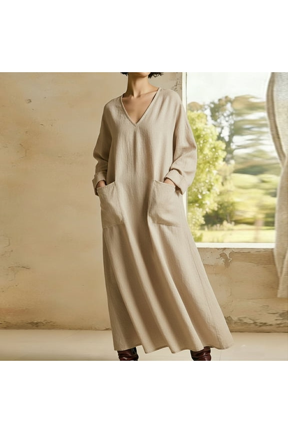 Long Dresses for Women Long Sleeve V-Neck Maxi Dress Loose Fit Kaftan Dress Solid Color Dual Pockets Casual Daily Loungewear Home Wear