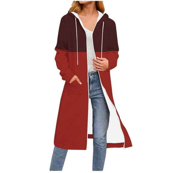 Gamivast Long Fleece Lined Jackets for Women Color Block Oversized Hooded Full Zip Warm Coats Fall Fashion Long Sleeve Drawstring Outerwear with Pockets Cold Winter Clothes
