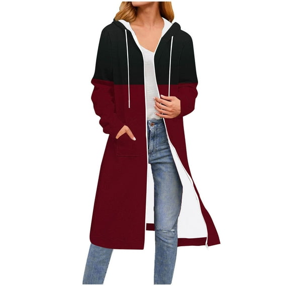Gamivast Long Fleece Lined Jackets for Women Color Block Oversized Hooded Full Zip Warm Coats Fall Fashion Long Sleeve Drawstring Outerwear with Pockets Cold Winter Clothes