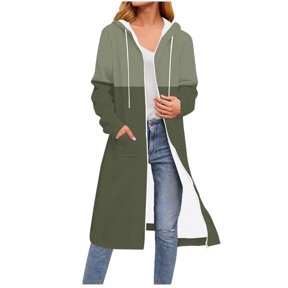 Gamivast Long Fleece Lined Jackets for Women Color Block Oversized Hooded Full Zip Warm Coats Fall Fashion Long Sleeve Drawstring Outerwear with Pockets Cold Winter Clothes