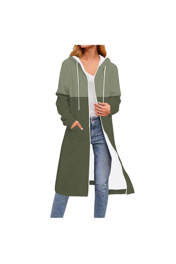 Long Fleece Lined Jackets for Women Color Block Oversized Hooded Full Zip Warm Coats Fall Fashion Long Sleeve Drawstring Outerwear with Pockets Cold Winter Clothes