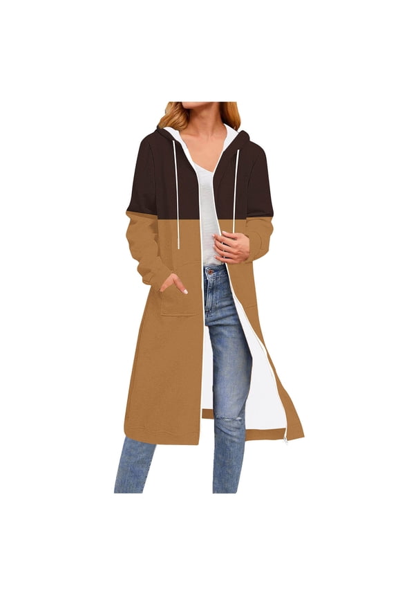 Long Fleece Lined Jackets for Women Color Block Oversized Hooded Full Zip Warm Coats Fall Fashion Long Sleeve Drawstring Outerwear with Pockets Cold Winter Clothes