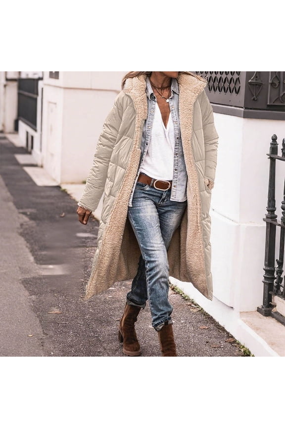 Long Fleece Lined Jackets Women Quilted Long Sleeve Hooded Puffer Coat with Pockets Winter Warm Zip up Clothes Outerwear Oversized Casual Thermal Coat