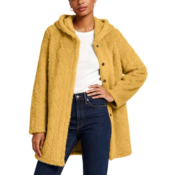 Gamivast Long Hooded Jacket for Women Fleece Plush Sherpa Button Front Coat with Long Sleeves Soft Warm Relaxed Fit Outerwear for Cold Weather Travel Walking and Casual Layering XXXXL