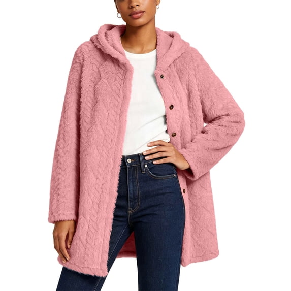 Gamivast Long Hooded Jacket for Women Fleece Plush Sherpa Button Front Coat with Long Sleeves Soft Warm Relaxed Fit Outerwear for Cold Weather Travel Walking and Casual Layering XXXXL