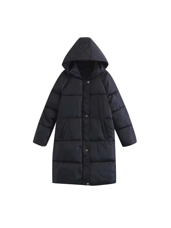 Long Puffer Coat for Women Quilted Hooded Winter Jacket Full Zip Up Thick Warm Parka Outerwear Windproof Padded Overcoat for Cold Weather Outdoor Travel
