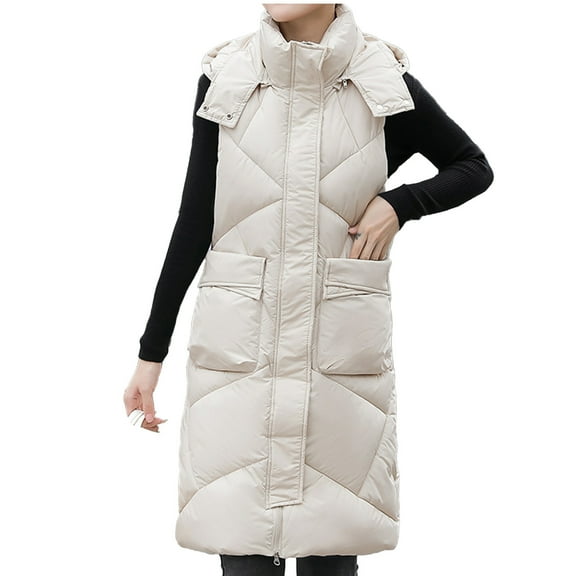Gamivast Long Quilted Vest Women with Detachable Hooded Plus Size Stand Collar Sleeveless Padded Jackets Winter Trendy Zip up Coats with Pockets Warm Button Down Outerwear