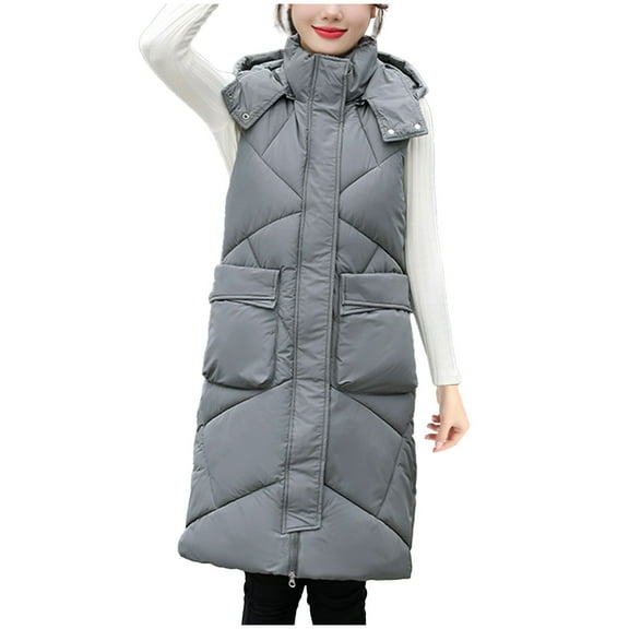 Gamivast Long Quilted Vest Women with Detachable Hooded Plus Size Stand Collar Sleeveless Padded Jackets Winter Trendy Zip up Coats with Pockets Warm Button Down Outerwear