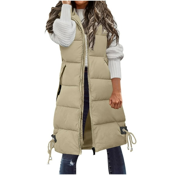 Gamivast Long Quilted Vest Women Lightweight Hooded Zip up Sleeveless Jackets with Zipper Pockets Winter Warm Solid Trendy Coats Oversized Outerwear