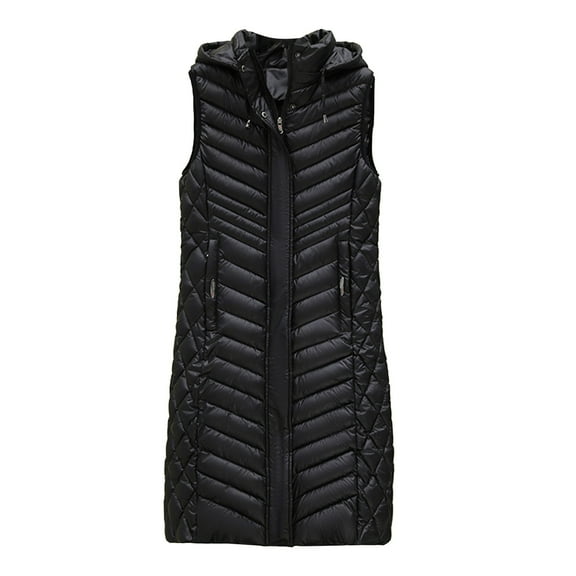 Gamivast Long Quilted Vest for Women Plus Size Sleeveless Zip up Hoodies Oversized Stand Collar Drawstring Hem Padded Jackets with Pockets Warm Winter Women's Coats, Jackets
