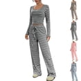 thumbnail image 1 of Gamivast Long Sleeve Pajama Set for Women Striped Lounge Sets Cropped Long Sleeve Loose Fitted Tops Pull on Striaght Leg Tall Pants 2 Piece Pjs Sleepwear, 1 of 5