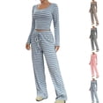 thumbnail image 1 of Gamivast Long Sleeve Pajama Set for Women Striped Lounge Sets Cropped Long Sleeve Loose Fitted Tops Pull on Striaght Leg Tall Pants 2 Piece Pjs Sleepwear, 1 of 5