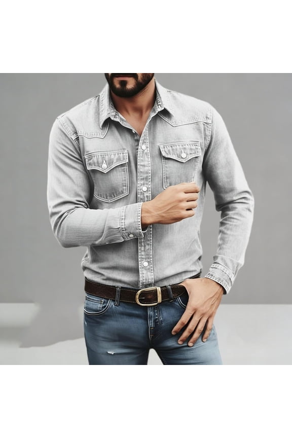 Long Sleeve Shirts for Men Button Down Casual Denim Western Work Tops with Dual Chest Pockets Classic Fit Vintage Fall Layering Shacket Daily Wear Cowboy Fashion Gray XXXL