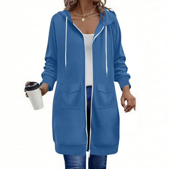 Gamivast Long Sweatshirts for Women Hooded Full Zip Cuffed Sleeve Jackets with Pockets Loose Casual Drawstring Solid Winter Outerwear Fall Fashion Outfits 2025