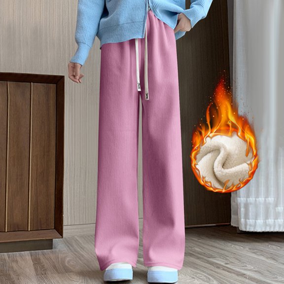 Gamivast Loose Corduroy Pants for Women Fitted Straight Leg Fleece Lined Sweatpants Work Ribbed Elastic Waist Pant Drawstring Wide Leg Solid Color Trousers