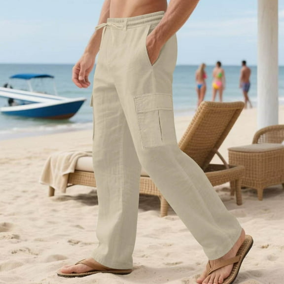 Gamivast Loose Linen Cargo Pants Men Straight Wide Leg Beach Pants Casual Travel Drawstring Elastic Waist Trousers with Pockets Work Relaxed Trousers