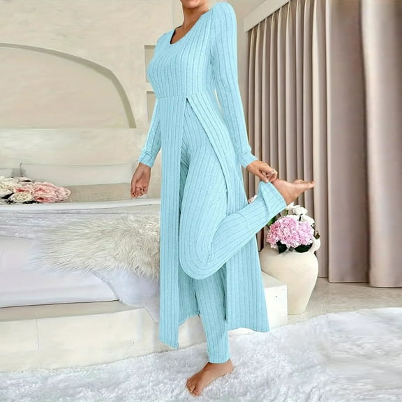 Gamivast Lounge Sets for Women 2 Piece Ribbed Knit Side Slit Crew Neck Tops Soft Loose Long Sleeve Maxi Shirts Casual Cozy Long Pants Trendy Outfit