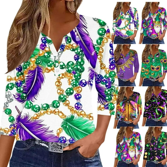 Gamivast Mardi Gras Shirts for Women Plus Size Mask Graphic 3/4 Sleeve Dressy Tshirt Relaxed Fitted V Neck Button Holiday Party Pullover Carnival Outfits 2026