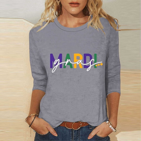 Gamivast Mardi Gras Shirts for Women Happy Mardi Gras Day 3/4 Sleeve T-Shirt Loose Fitted Crewneck Tunic Tee Tops Fat-Tuesday Carnival Outfits