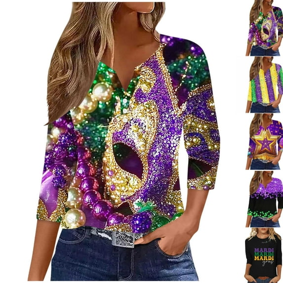 Gamivast Mardi Gras Shirts for Women Letter Graphic 3/4 Sleeve Carnival Blouses Carnival Party Crew Neck Tunic Tshirt Happy Mardi Gras Day Outfits